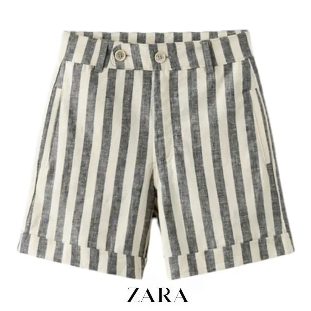 ZARA Kids | Black/White | LINEN BLEND STRIPED BERMUDA SHORTS WITH BUTTONS